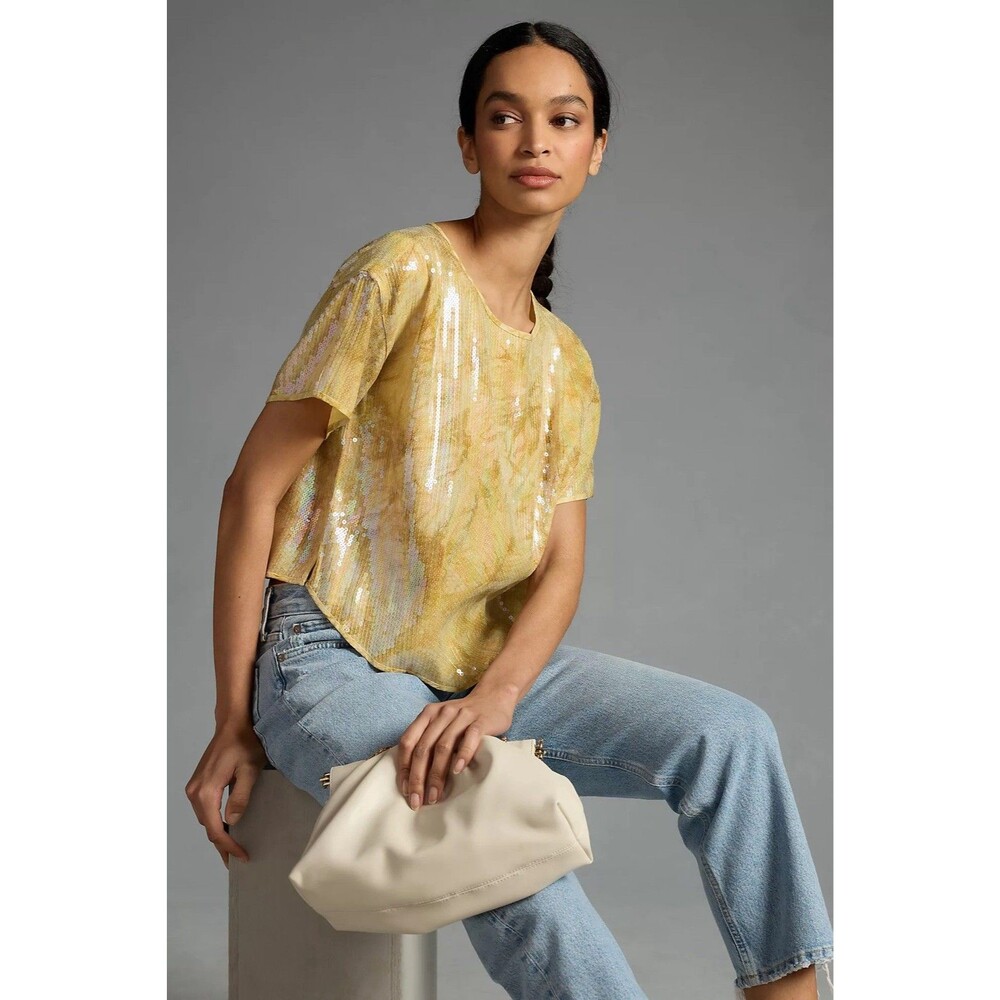 Anthropologie Pilcro Sequin Tech Top Yellow Gold Short Sleeve Size Medium